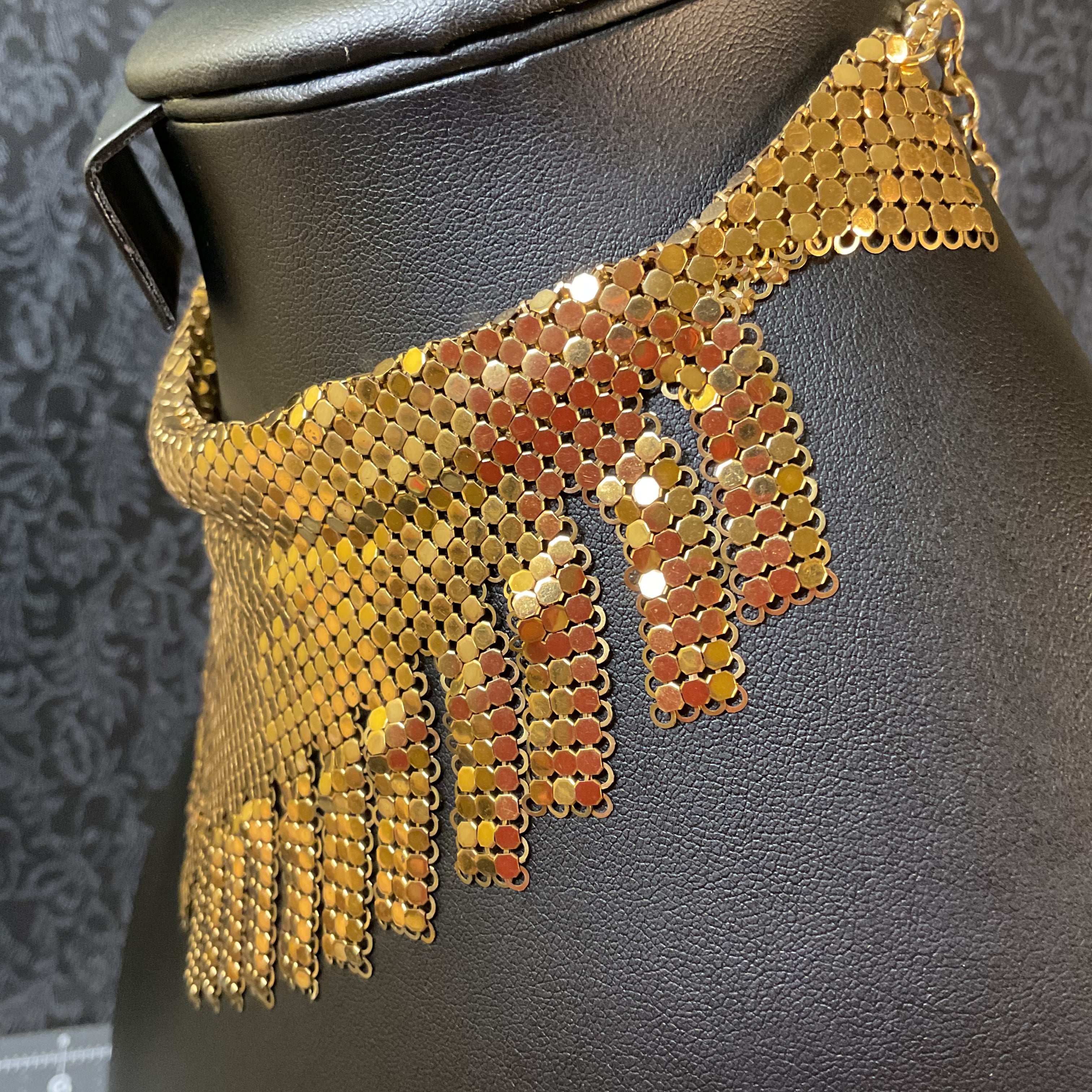 Vintage Whiting and Davis Gold Tone Mesh Bib Necklace 1970s