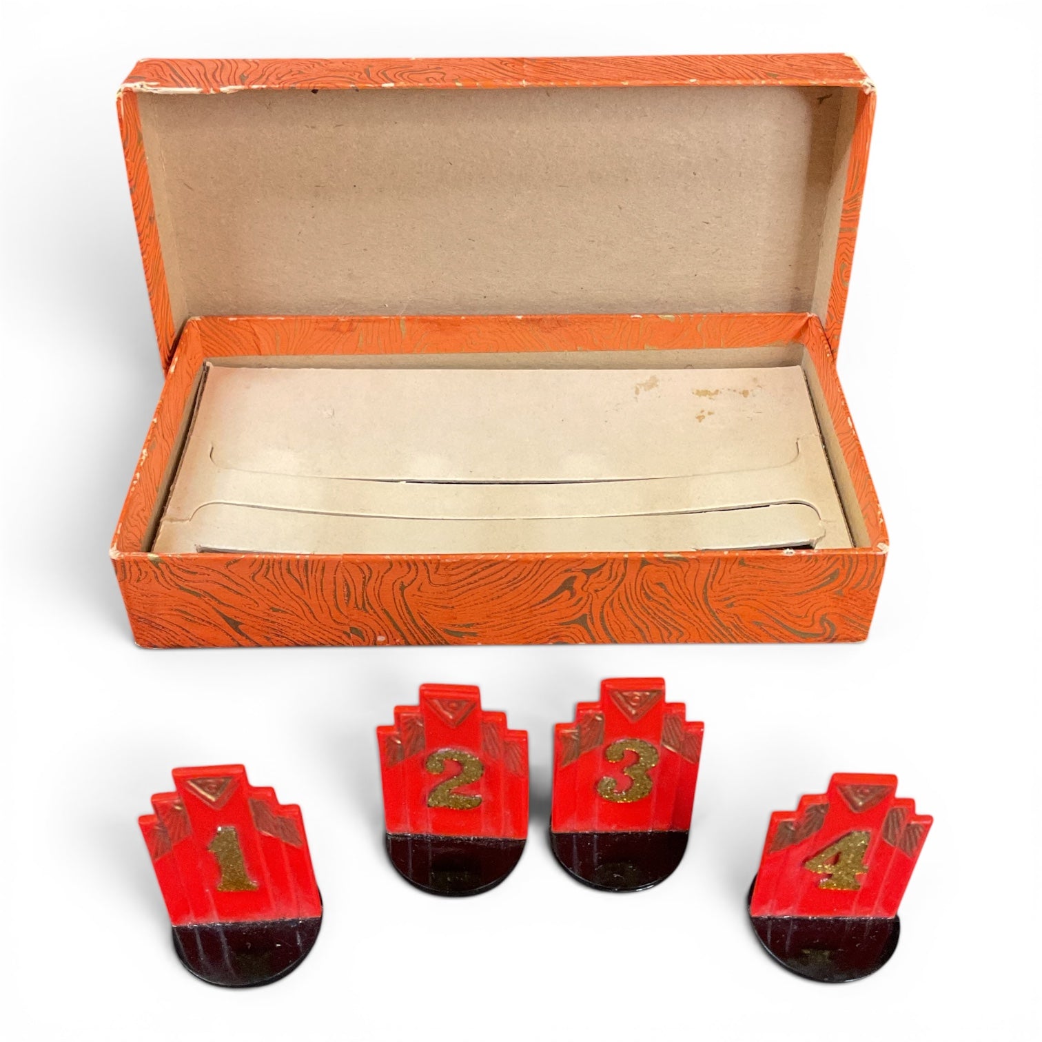 Vintage Bridge Card Table Number Markers 1930s Art Deco Red Celluloid Gold Glitter