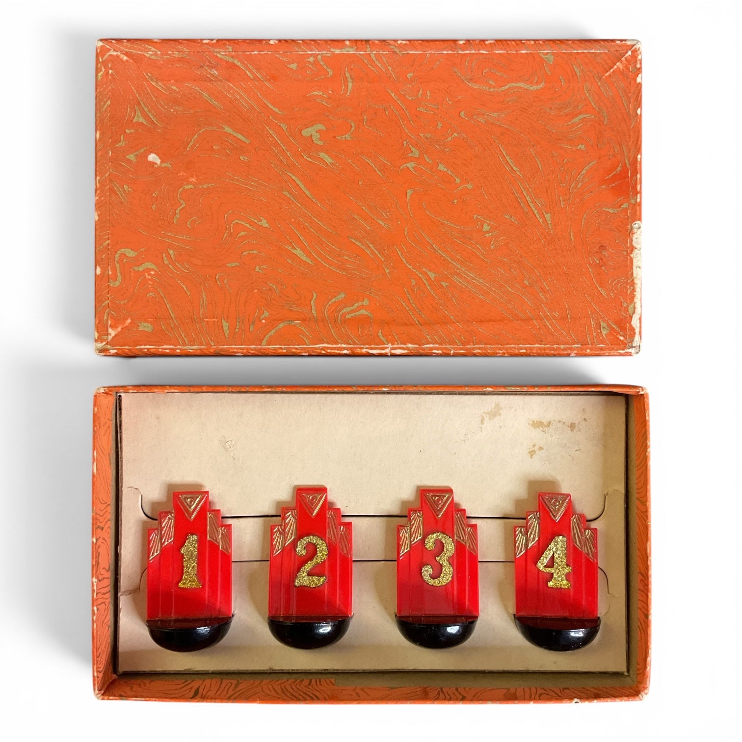 Vintage Bridge Card Table Number Markers 1930s Art Deco Red Celluloid Gold Glitter