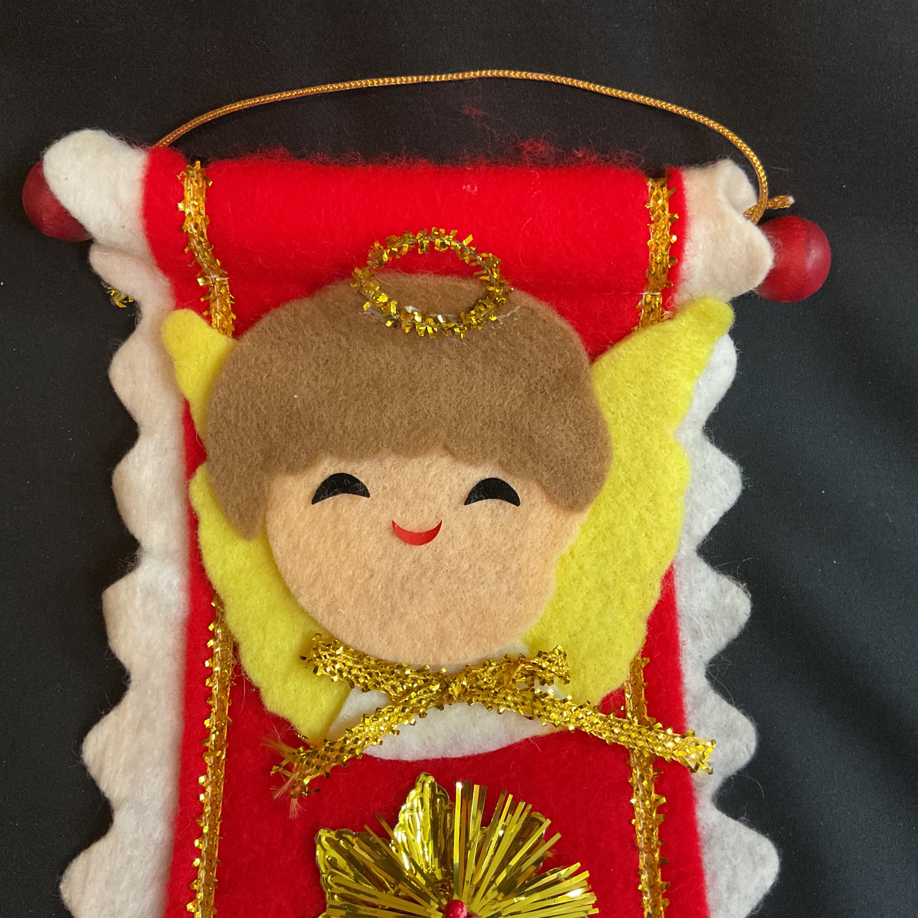 Vintage Christmas Angel Felt and Tinsel Wall or Door Hanging