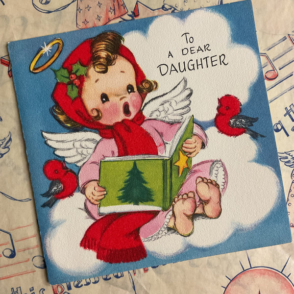 Vintage Unused Gibson Flocked Christmas Card Little Angel and Birds