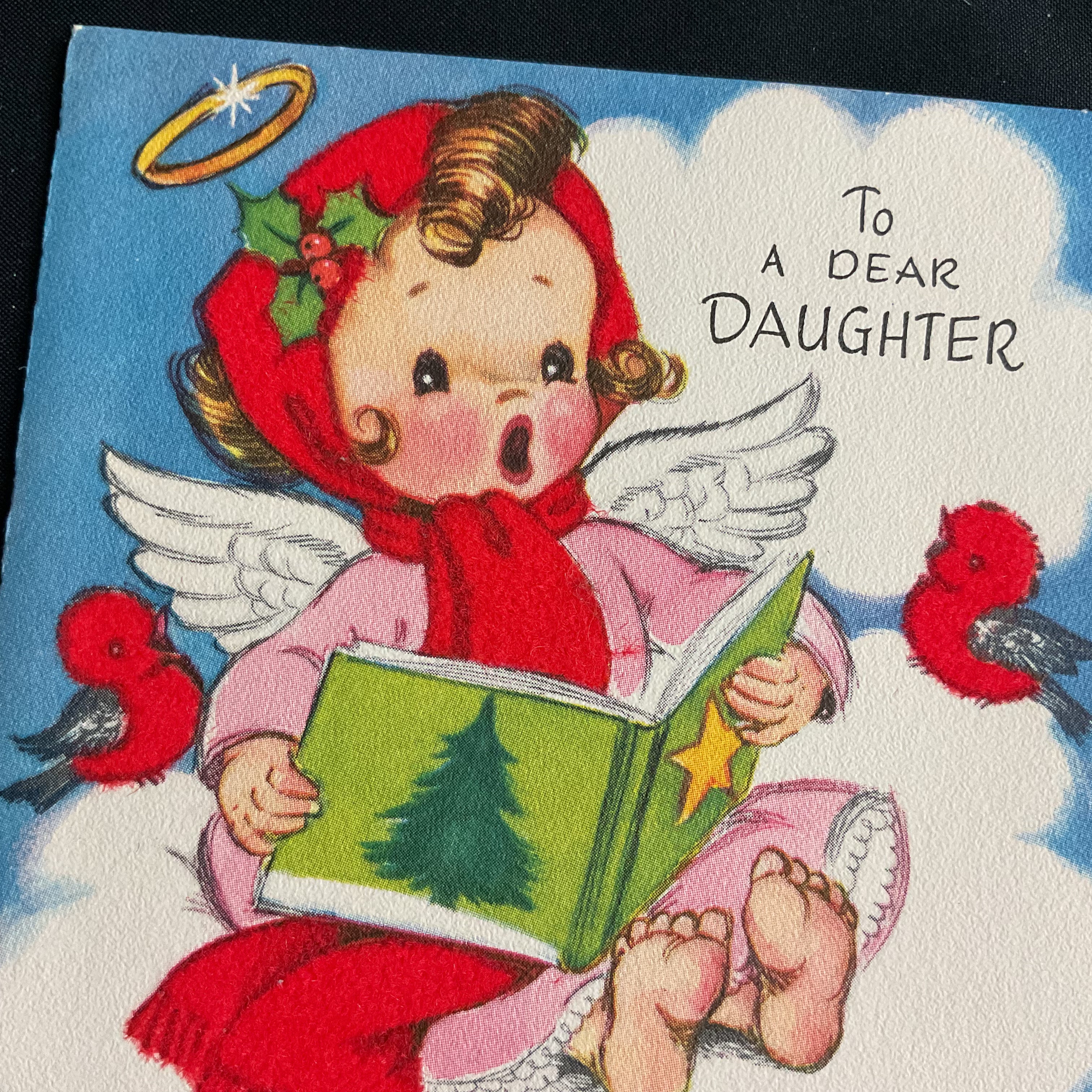 Vintage Unused Gibson Flocked Christmas Card Little Angel and Birds