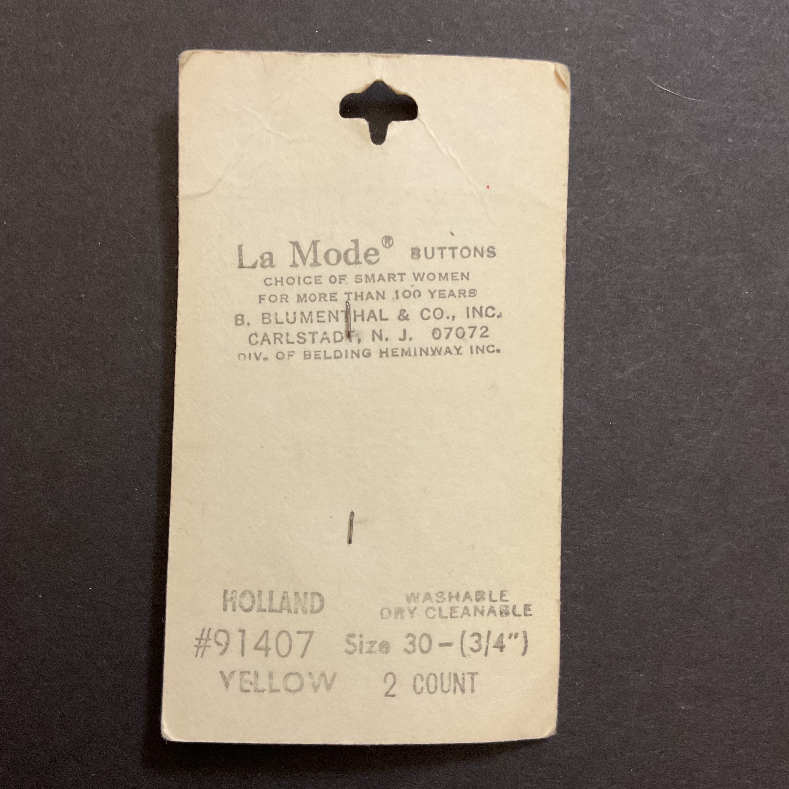 Vintage 91407 La Mode Yellow 4 Hole Buttons 2 on Card