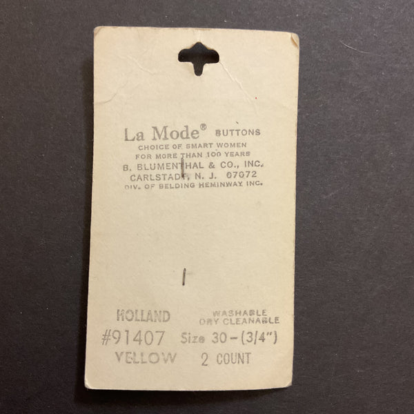 Vintage 91407 La Mode Yellow 4 Hole Buttons 2 on Card