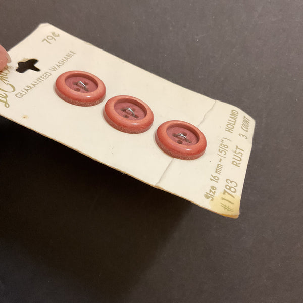Vintage 5/8” Le Chic 1783 Rust 4 Hole Buttons 3 on Card