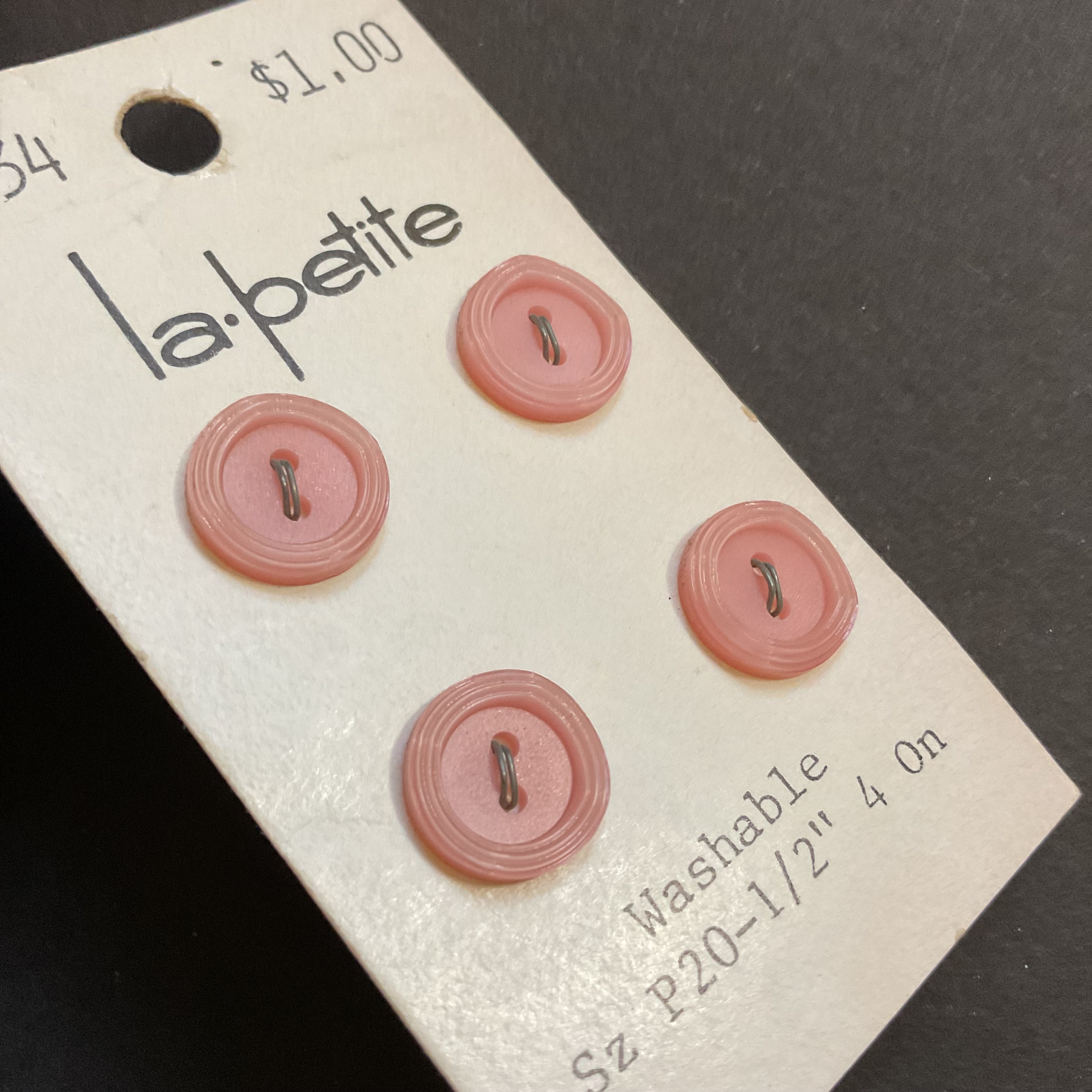 Vintage 1034 La Petite 1/2” Matte Pink 2 Hole Buttons 4 on Card - Avid Vintage