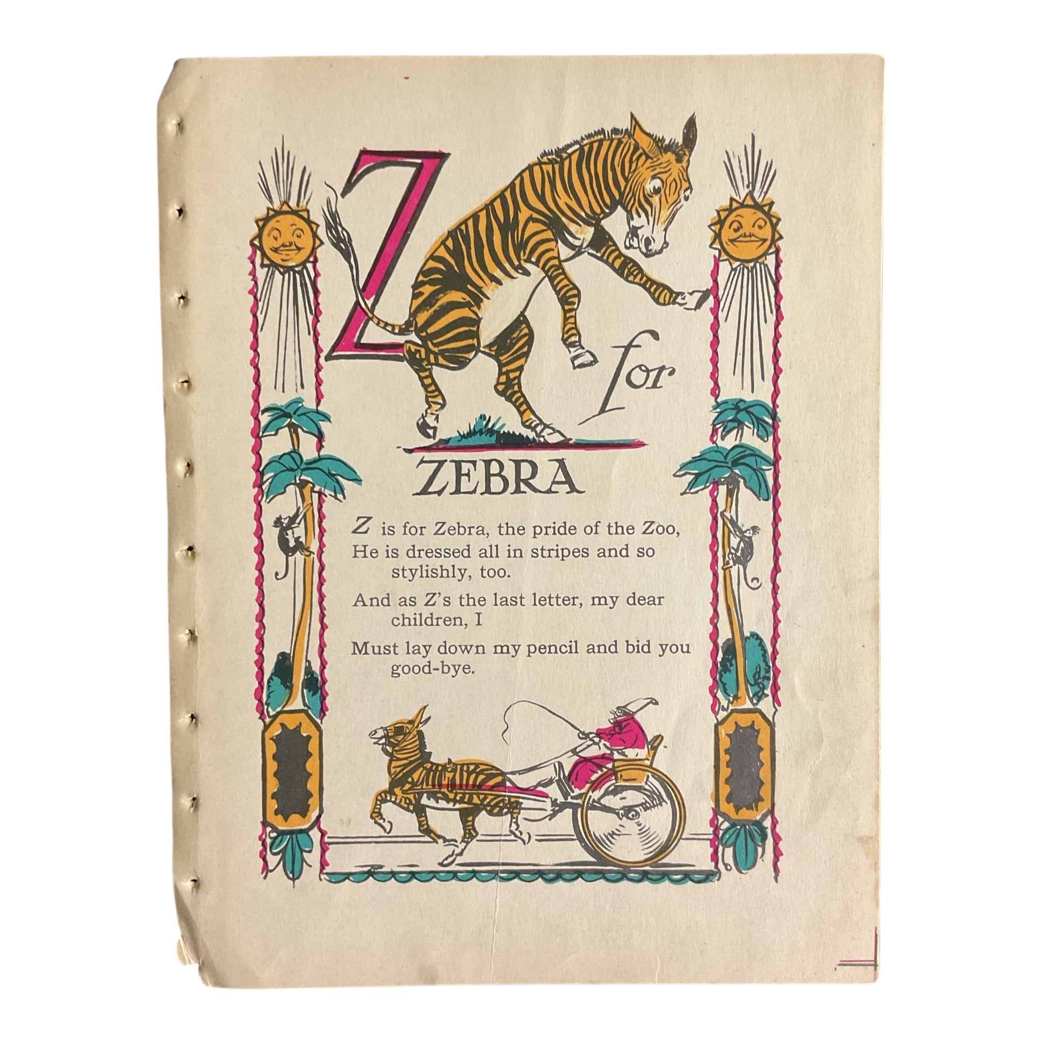 Vintage 1926 Tony Sarg Alphabet Page Z for Zebra Color Illustration Print