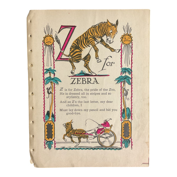 Vintage 1926 Tony Sarg Alphabet Page Z for Zebra Color Illustration Print
