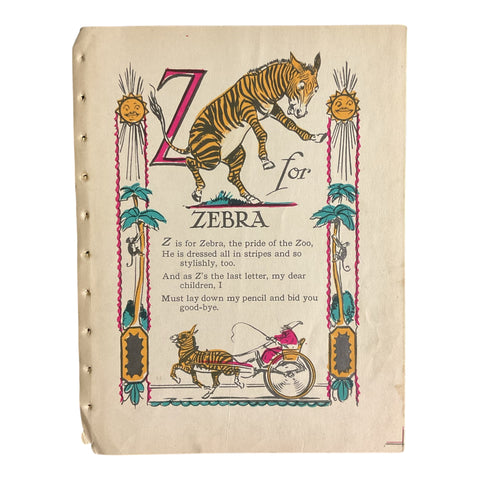 Vintage 1926 Tony Sarg Alphabet Page Z for Zebra Color Illustration Print