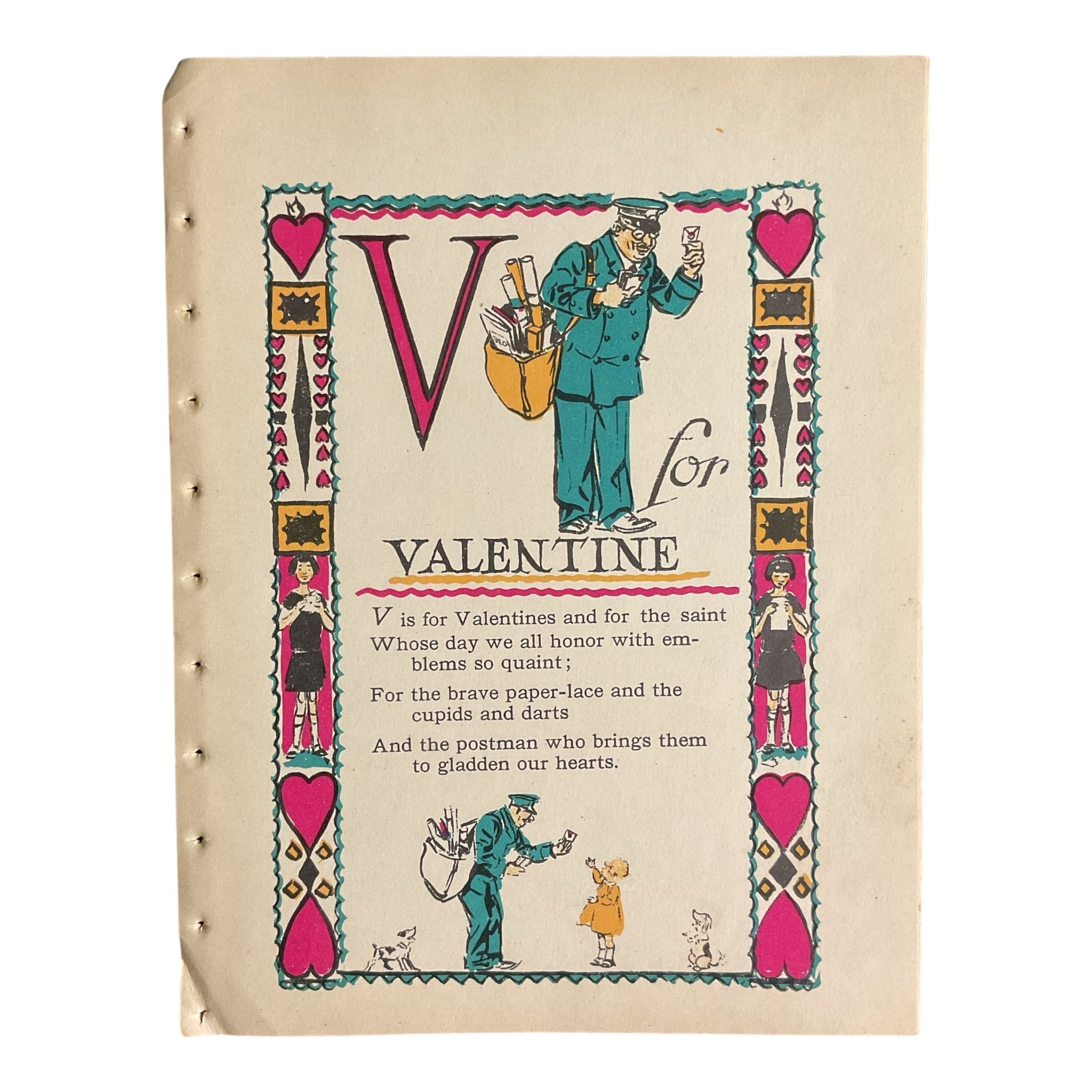 Vintage 1926 Tony Sarg Alphabet Page V for Valentine Color Illustration Print
