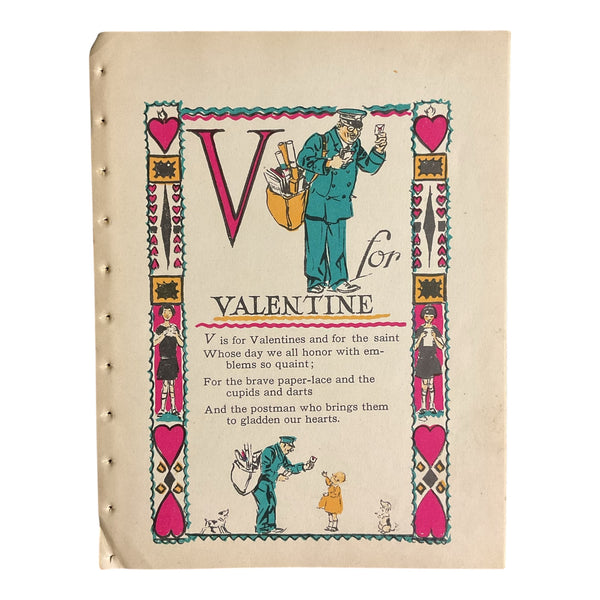 Vintage 1926 Tony Sarg Alphabet Page V for Valentine Color Illustration Print