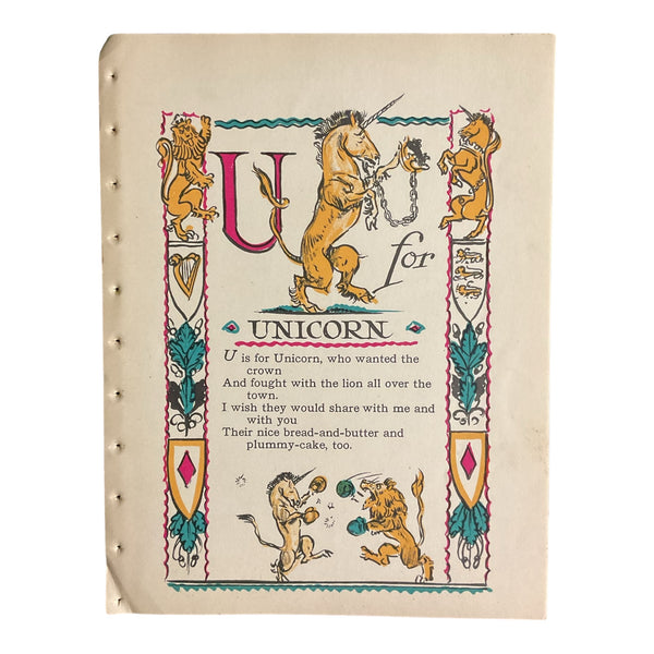 Vintage 1926 Tony Sarg Alphabet Page U for Unicorn Color Illustration Print