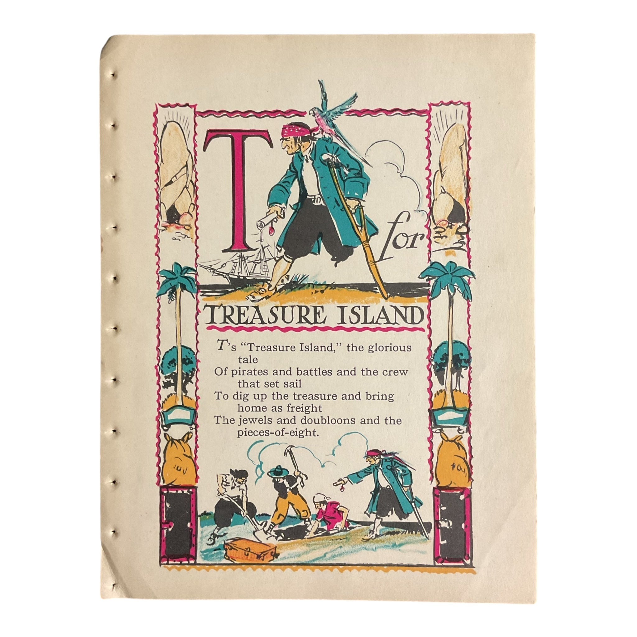 Vintage 1926 Tony Sarg Alphabet Page T for Treasure Island Color Illustration Print
