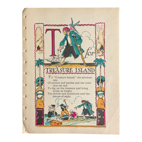 Vintage 1926 Tony Sarg Alphabet Page T for Treasure Island Color Illustration Print