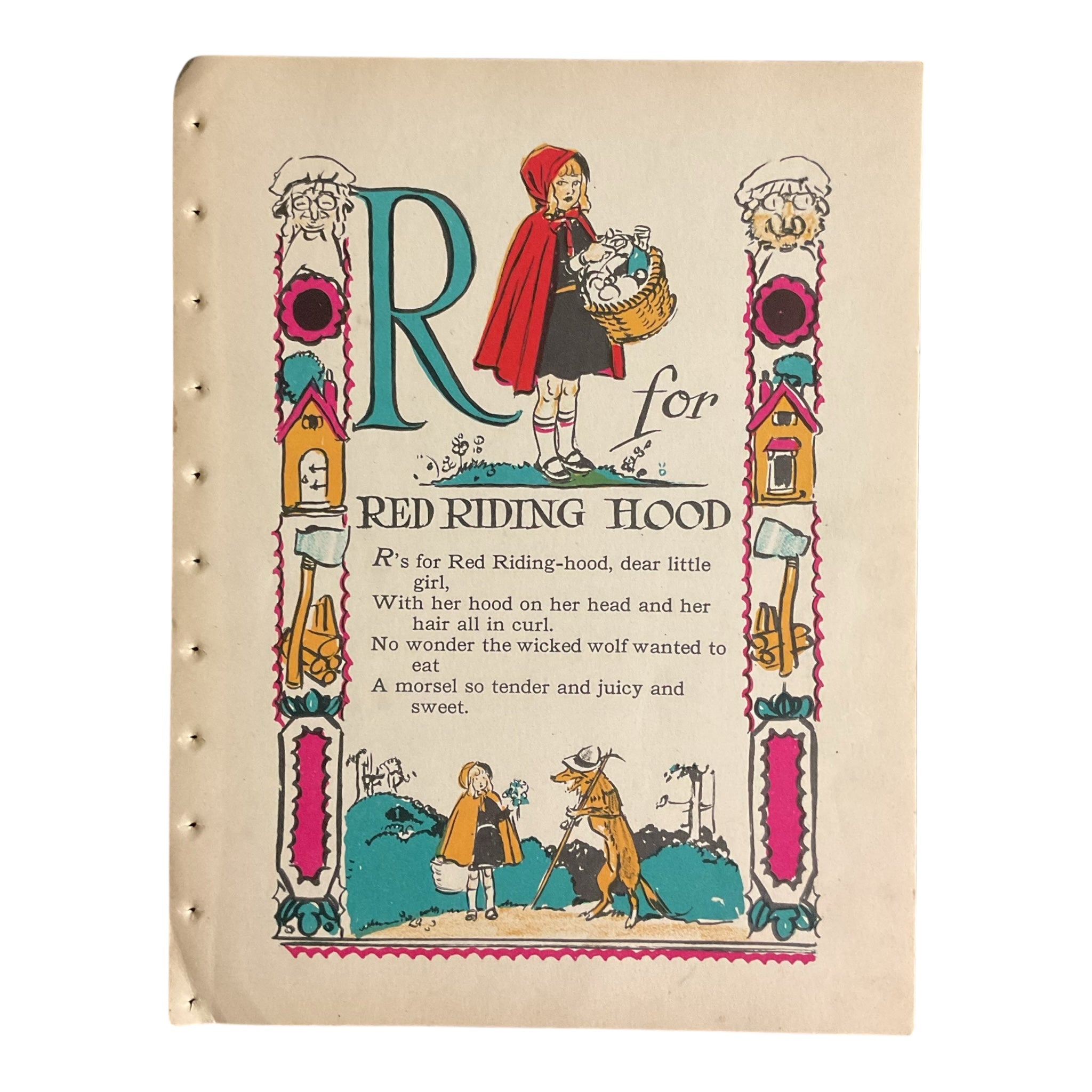 Vintage 1926 Tony Sarg Alphabet Page R for Red Riding Hood Color Illustration Print