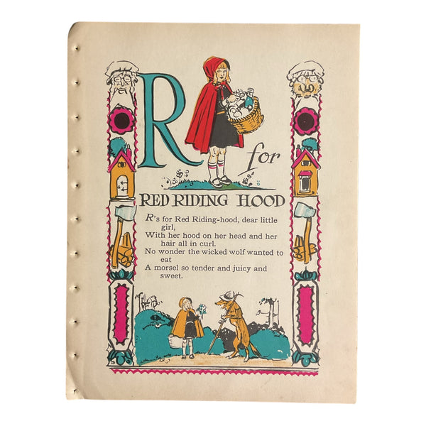 Vintage 1926 Tony Sarg Alphabet Page R for Red Riding Hood Color Illustration Print