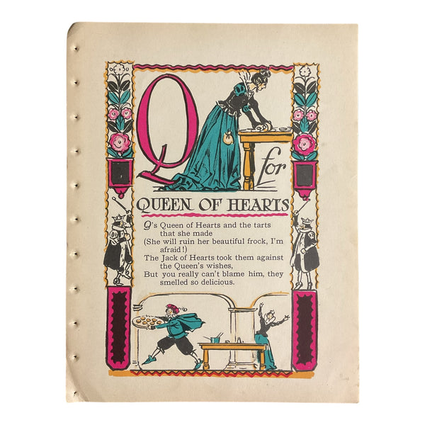 Vintage 1926 Tony Sarg Alphabet Page Q for Queen of Hearts Color Illustration Print