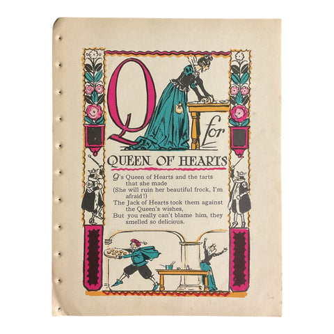 Vintage 1926 Tony Sarg Alphabet Page Q for Queen of Hearts Color Illustration Print