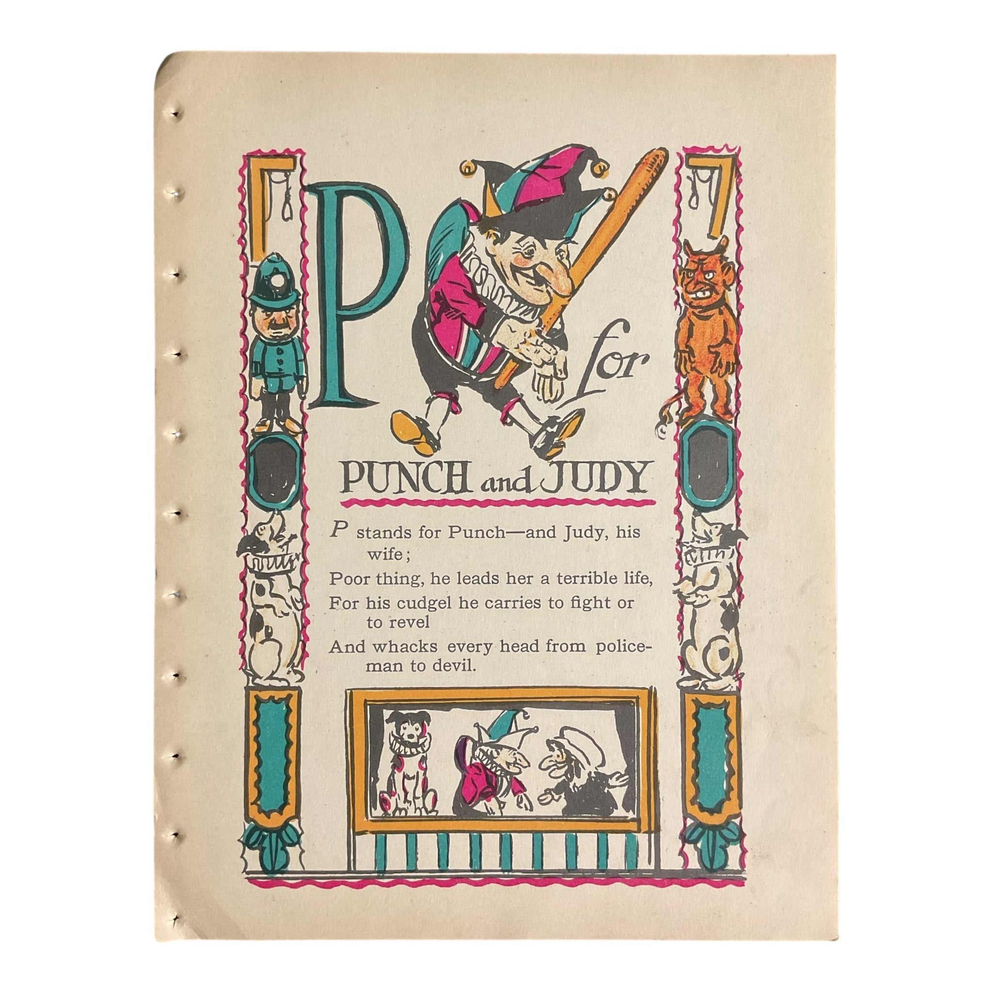 Vintage 1926 Tony Sarg Alphabet Page P for Punch and Judy Color Illustration Print