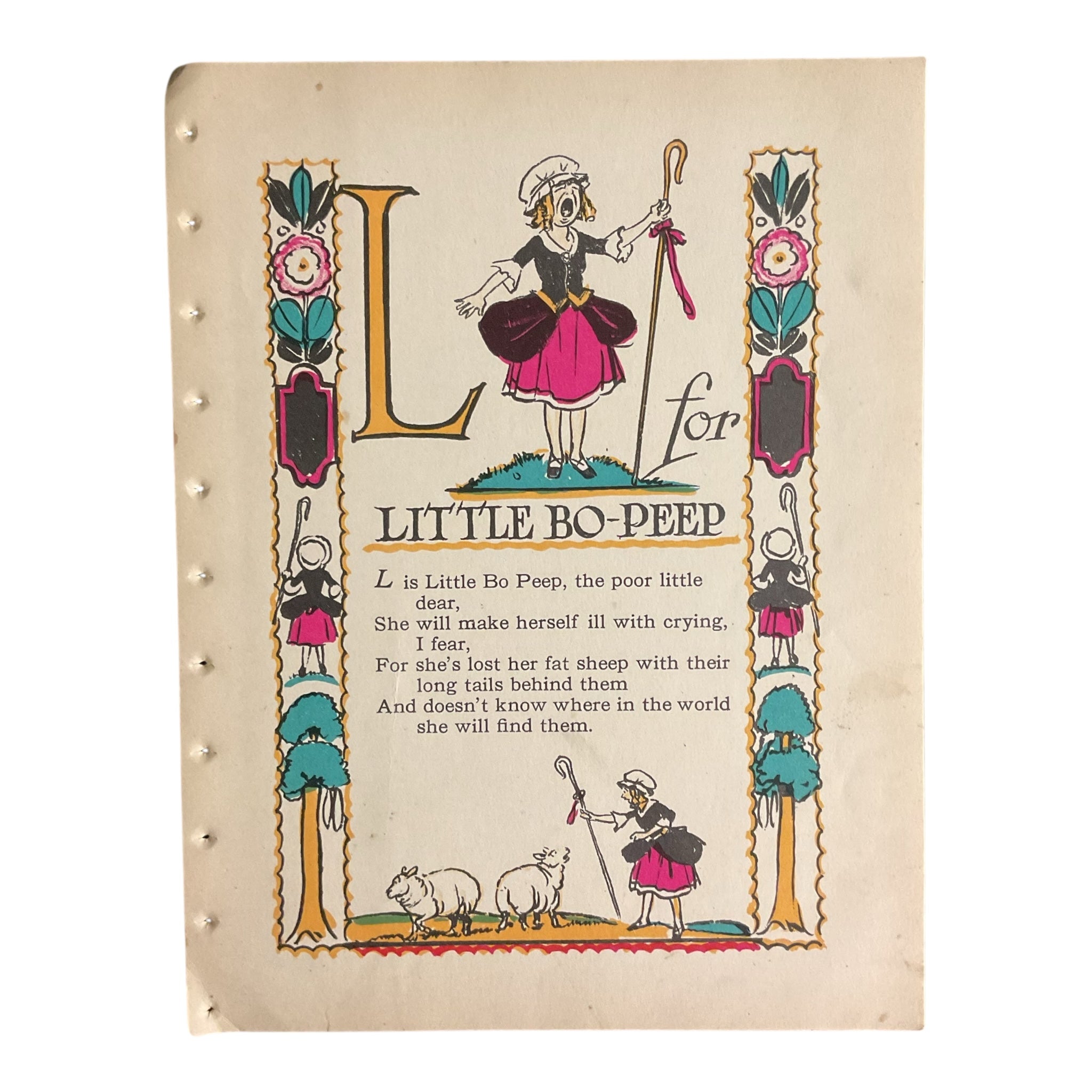Vintage 1926 Tony Sarg Alphabet Page L for Little Bo Peep Color Illustration Print