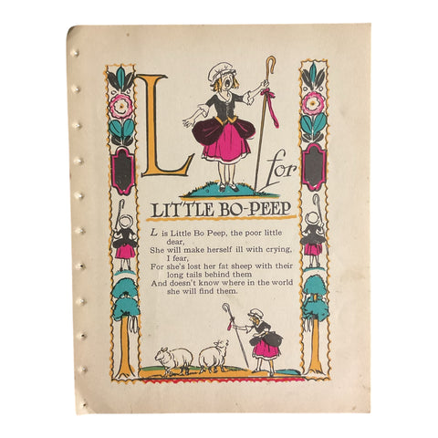Vintage 1926 Tony Sarg Alphabet Page L for Little Bo Peep Color Illustration Print