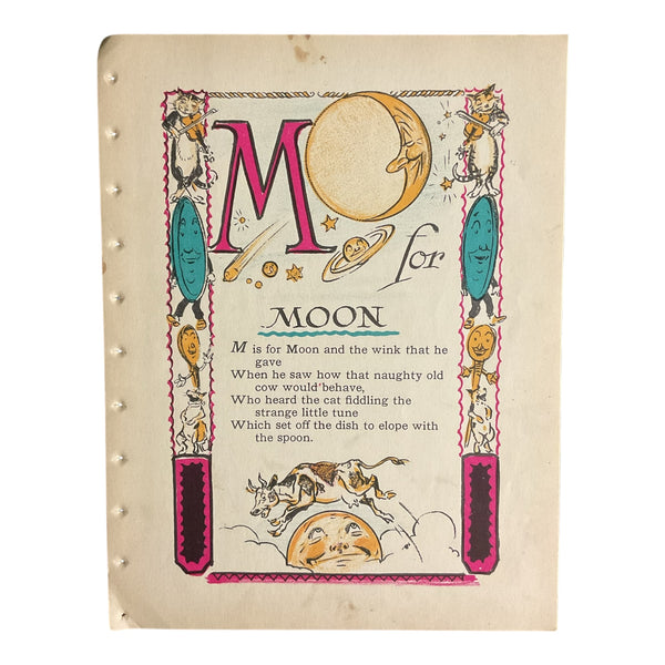 Vintage 1926 Tony Sarg Alphabet Page M for Moon Color Illustration Print