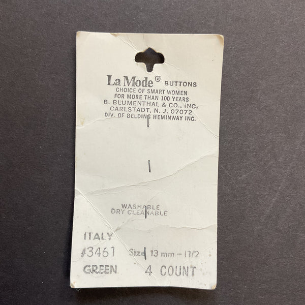 Vintage 3461 La Mode 1/2 Shiny Green 4 Hole Buttons 4 on Card