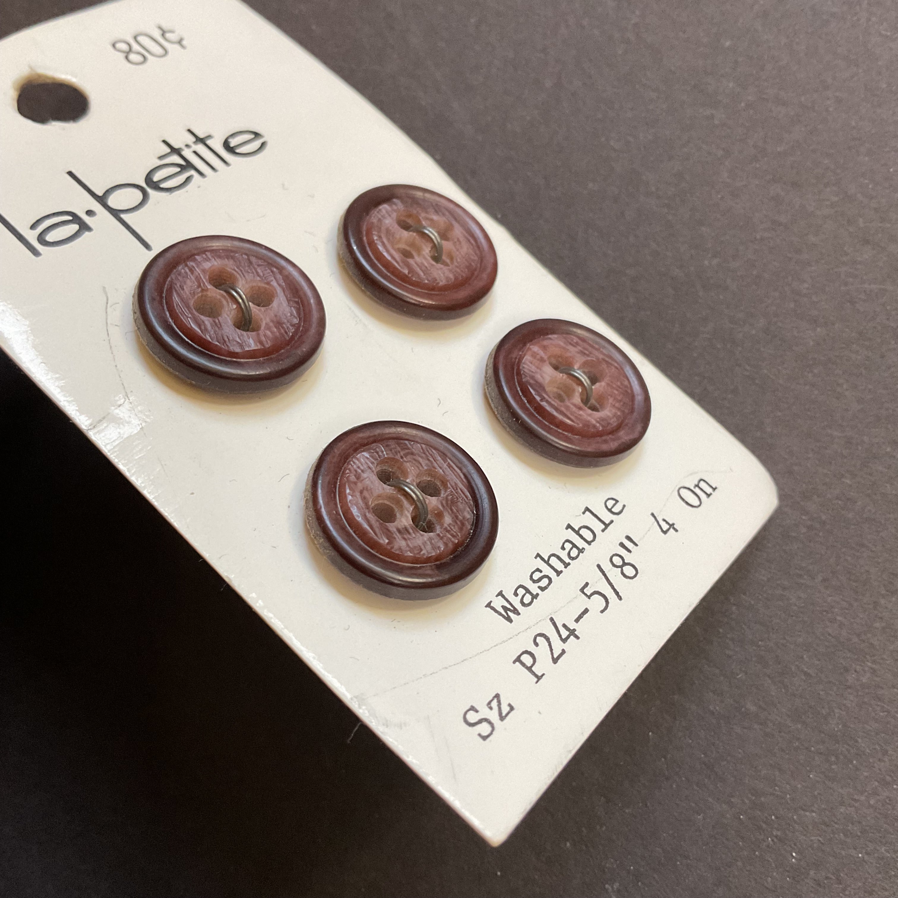 Vintage 1534 La Petite 5/8 Matte Brown 4 Hole Buttons 4 on Card - Avid Vintage