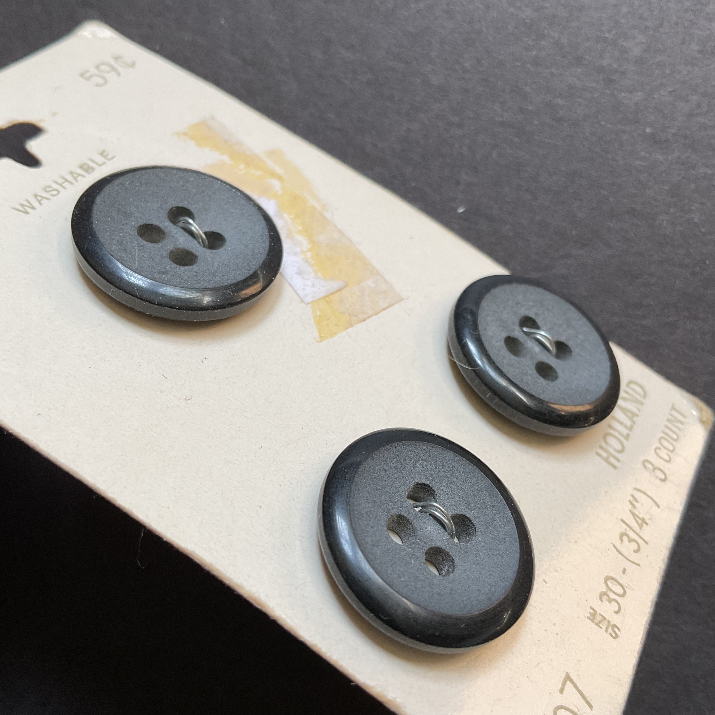 Vintage 3/4” Le Chic 507 Matte Black 4 Hole Buttons 3 on Card