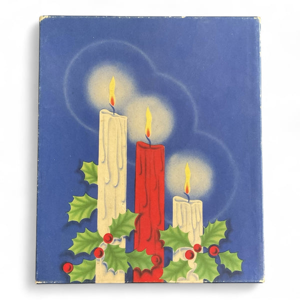 Vintage Christmas Card Box Lit Candles Red Blue White