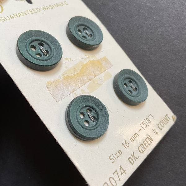 Vintage 3074 Le Chic 5/8 Dark Green 4 Hole Buttons 4 on Button Card
