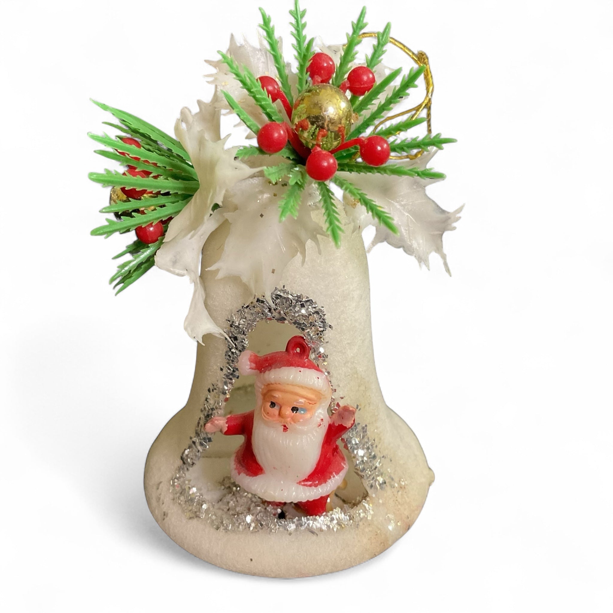 Vintage Christmas Santa Ornament White Plastic Flocked Bell Decoration with Holly - Avid Vintage