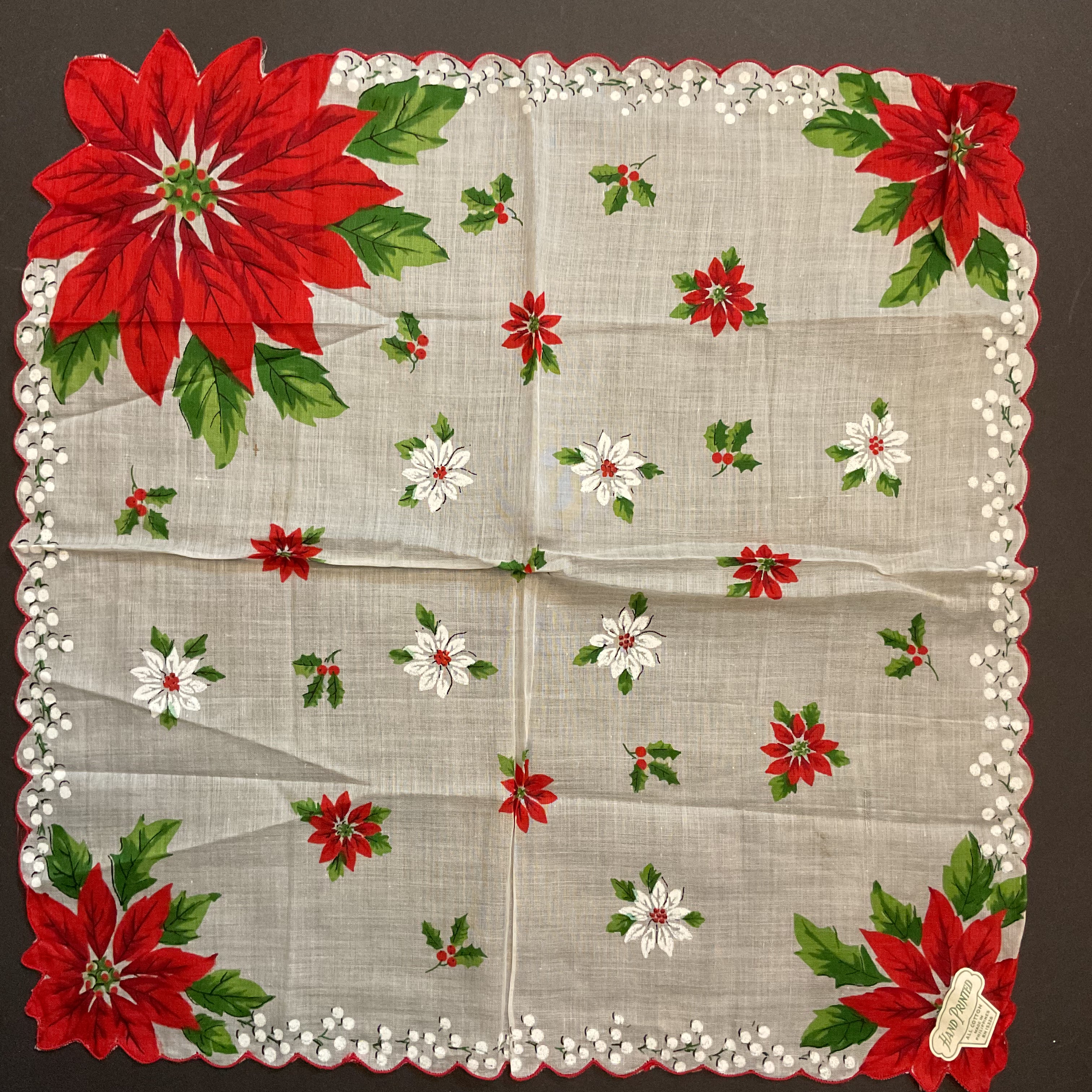 Vintage Christmas Hankie Large Red Poinsettias Floral Printed Ladies Handkerchief - Avid Vintage