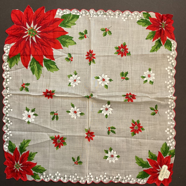 Vintage Christmas Hankie Large Red Poinsettias Floral Printed Ladies Handkerchief