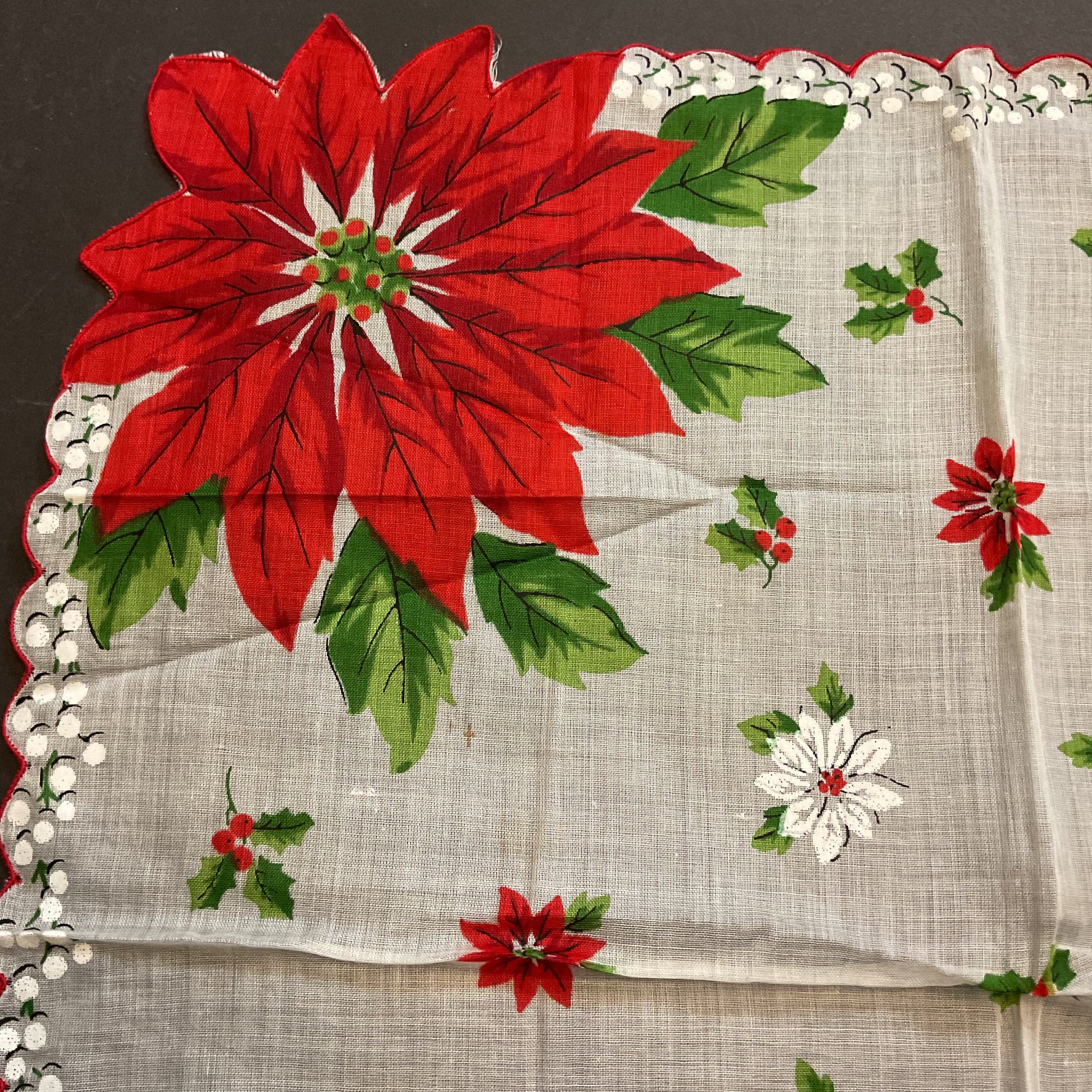 Vintage Christmas Hankie Large Red Poinsettias Floral Printed Ladies Handkerchief - Avid Vintage