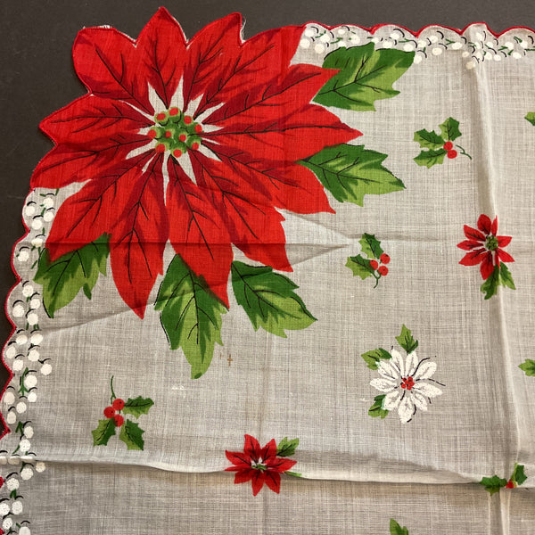 Vintage Christmas Hankie Large Red Poinsettias Floral Printed Ladies Handkerchief