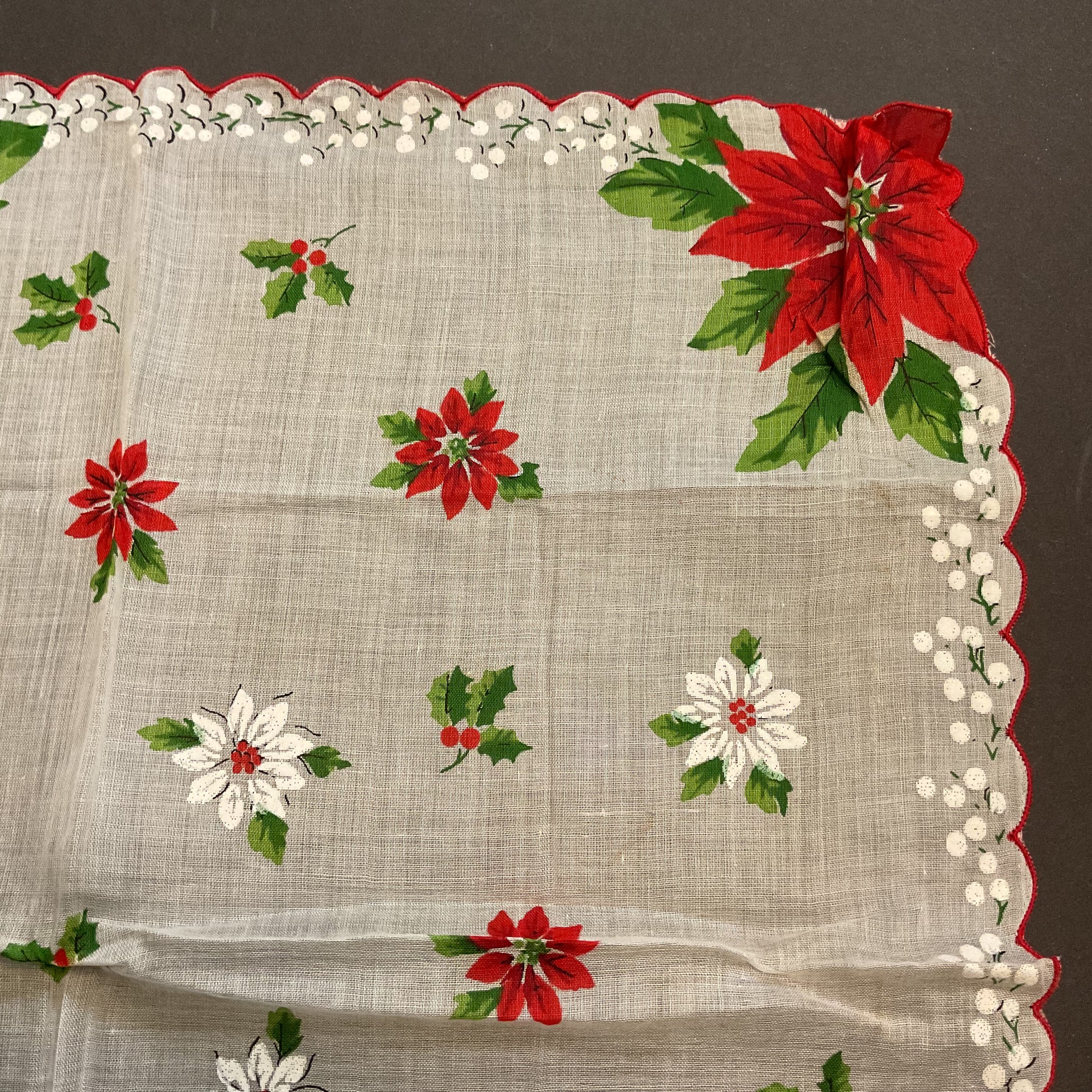 Vintage Christmas Hankie Large Red Poinsettias Floral Printed Ladies Handkerchief - Avid Vintage