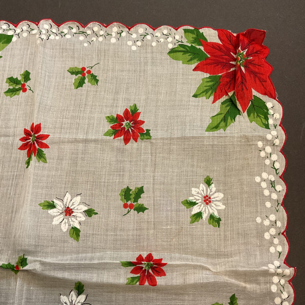 Vintage Christmas Hankie Large Red Poinsettias Floral Printed Ladies Handkerchief