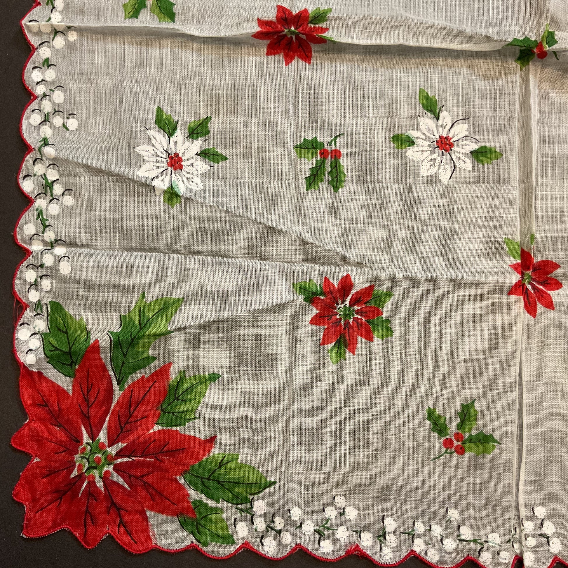 Vintage Christmas Hankie Large Red Poinsettias Floral Printed Ladies Handkerchief - Avid Vintage