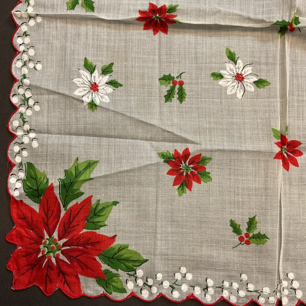 Vintage Christmas Hankie Large Red Poinsettias Floral Printed Ladies Handkerchief