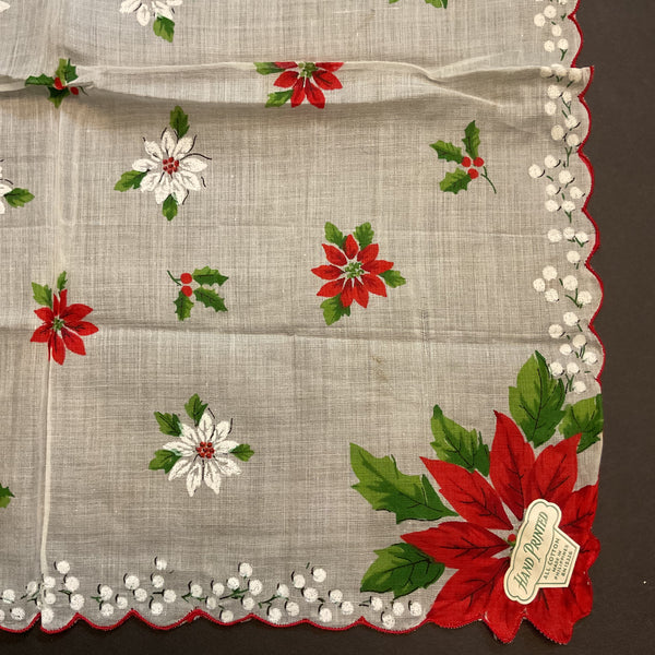 Vintage Christmas Hankie Large Red Poinsettias Floral Printed Ladies Handkerchief