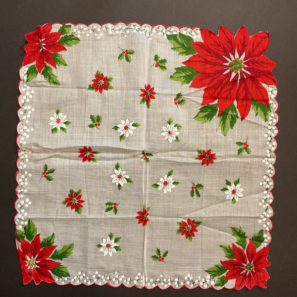 Vintage Christmas Hankie Large Red Poinsettias Floral Printed Ladies Handkerchief