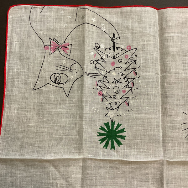 Vintage Christmas Hankie Welcher Anthropomorphic Cat Candles Tree Handkerchief