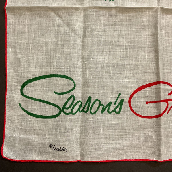 Vintage Christmas Hankie Welcher Anthropomorphic Cat Candles Tree Handkerchief