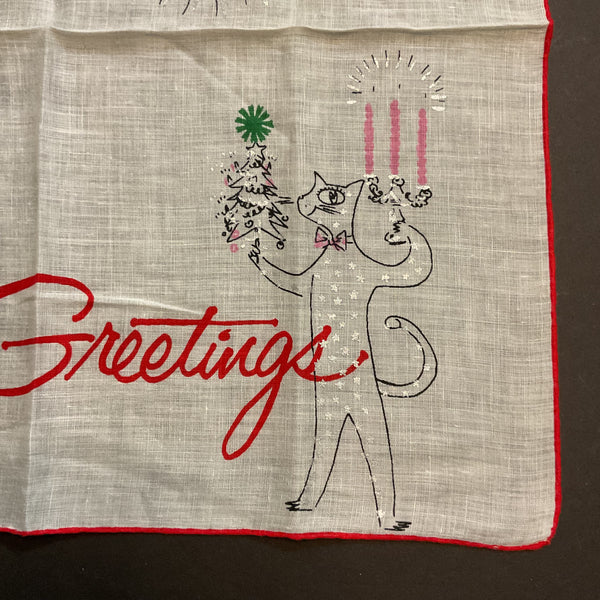 Vintage Christmas Hankie Welcher Anthropomorphic Cat Candles Tree Handkerchief