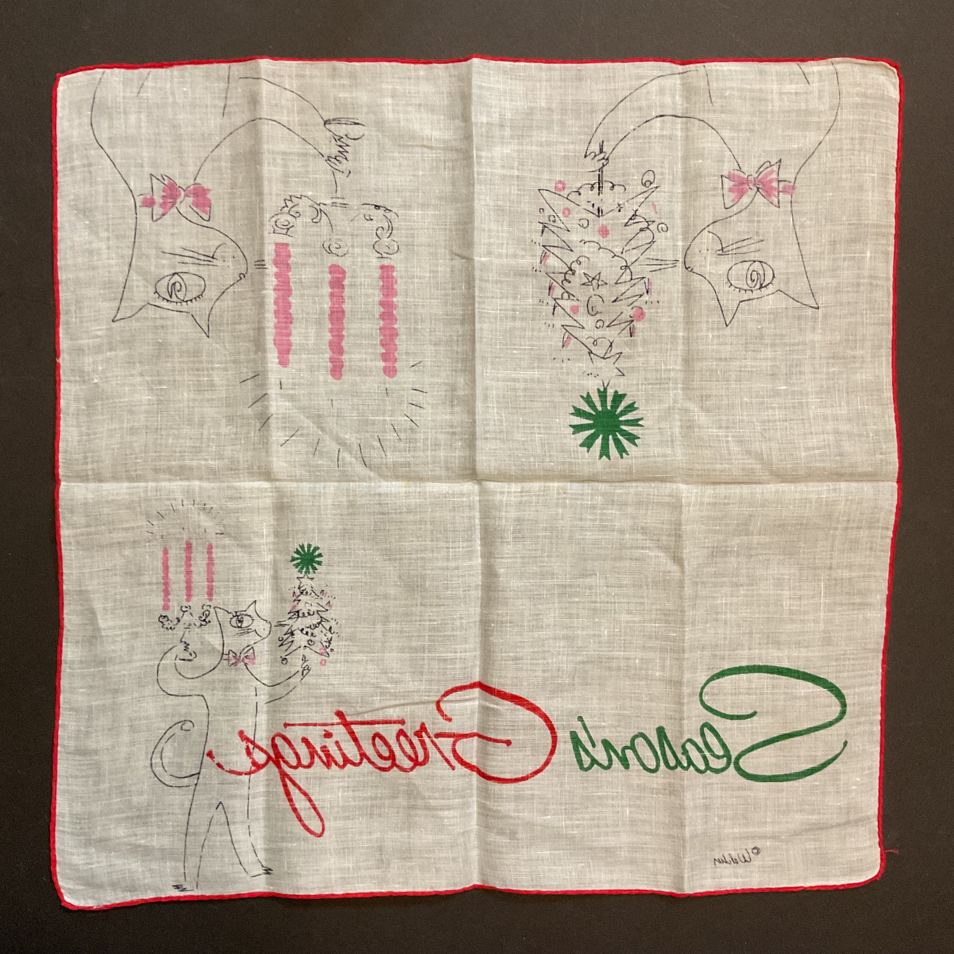 Vintage Christmas Hankie Welcher Anthropomorphic Cat Candles Tree Handkerchief - Avid Vintage