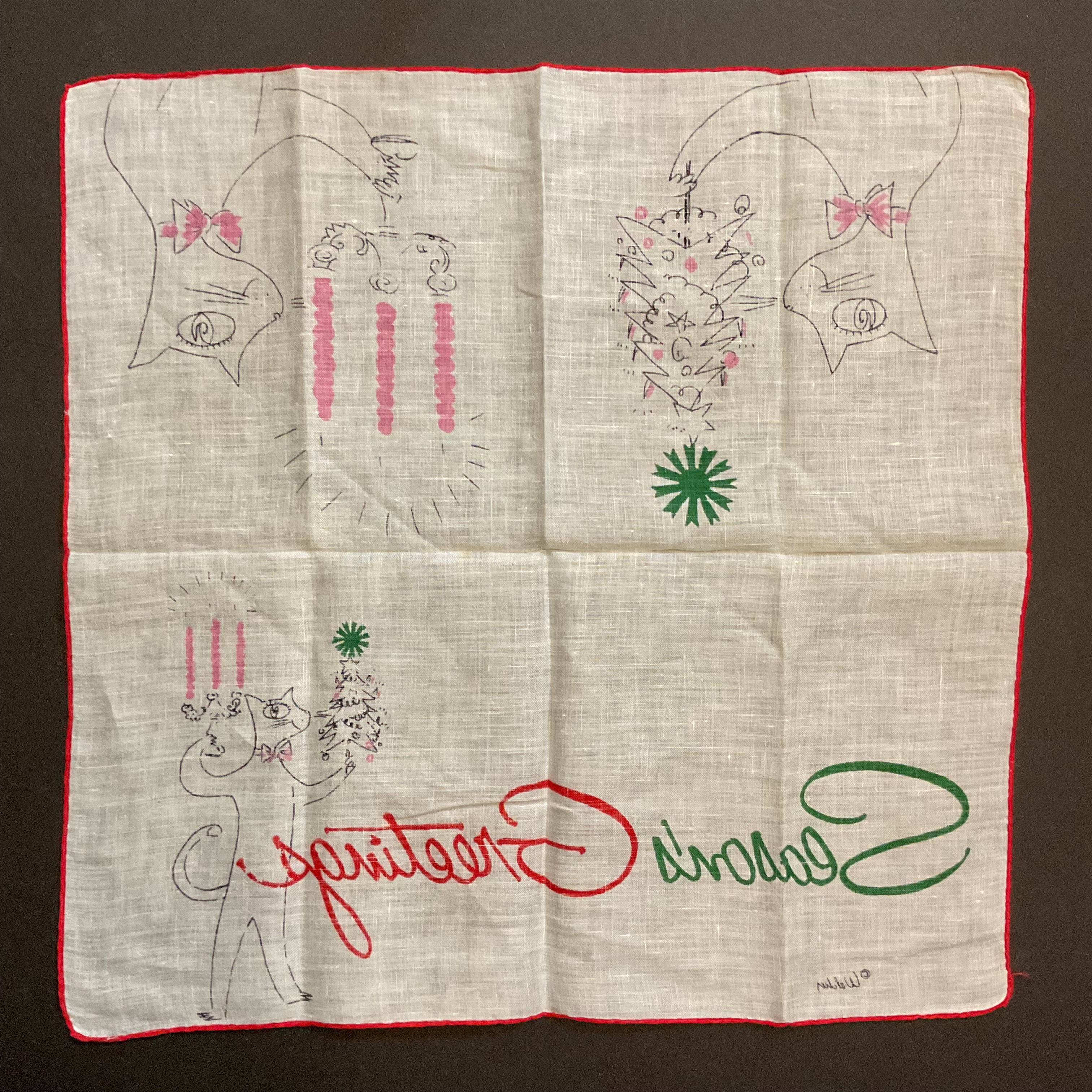 Vintage Christmas Hankie Welcher Anthropomorphic Cat Candles Tree Handkerchief - Avid Vintage