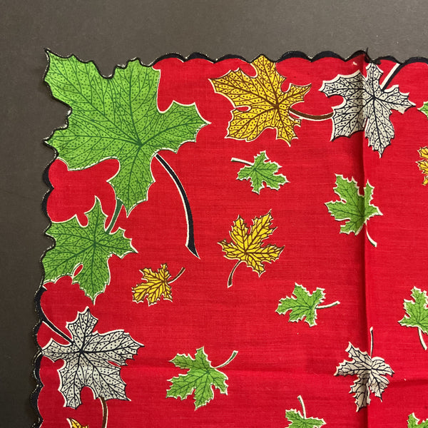 Vintage Fall Hankie Colorful Leaves on Red Autumn Handkerchief
