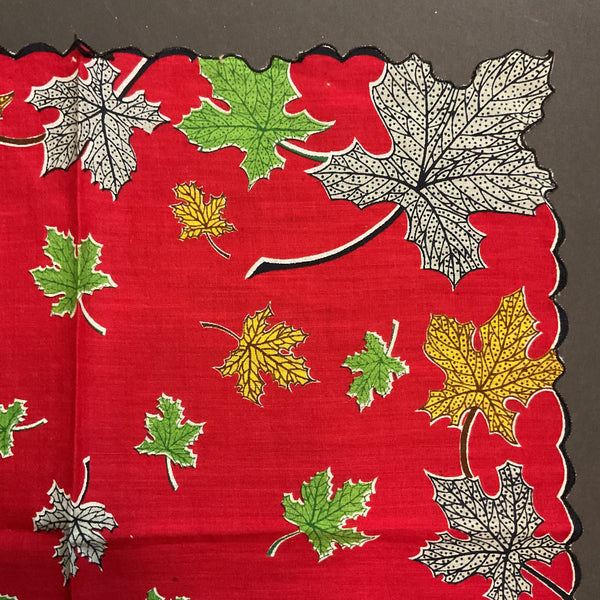 Vintage Fall Hankie Colorful Leaves on Red Autumn Handkerchief