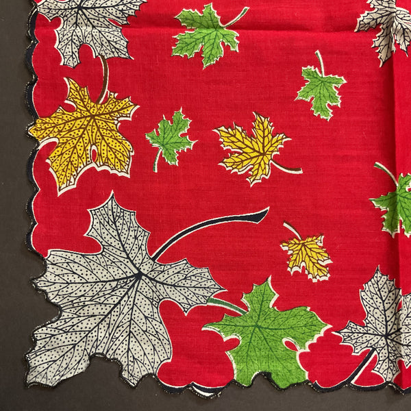 Vintage Fall Hankie Colorful Leaves on Red Autumn Handkerchief